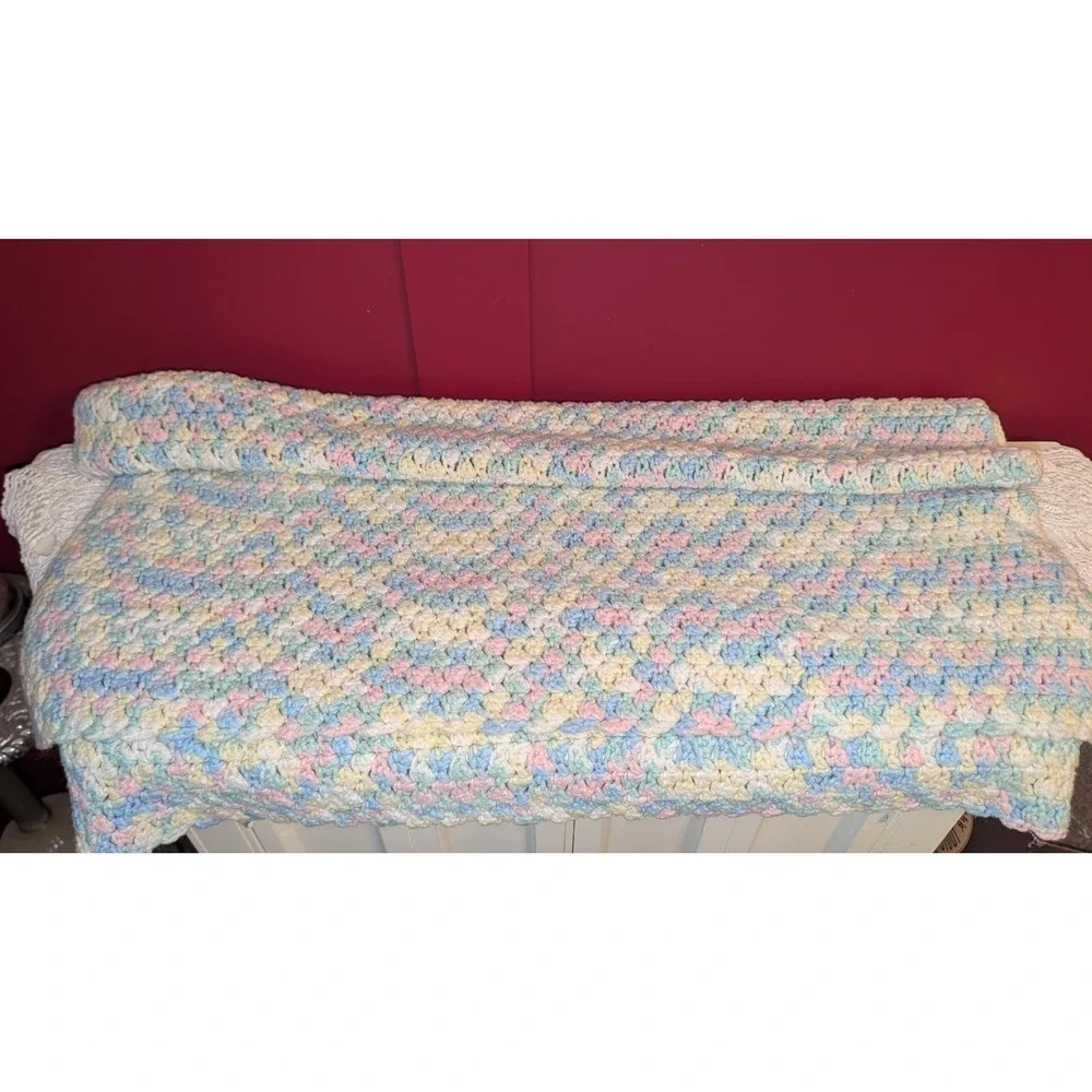 Vintage Crochet Baby Blanket Handmade Pastels Rainbow Blue Pink Yellow 27 x 36" - Picture 1 of 5